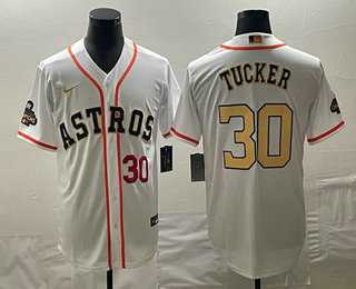 Men%27s Houston Astros #30 Kyle Tucker Number 2023 White Gold World Serise Champions Patch Cool Base Stitched Jerseys